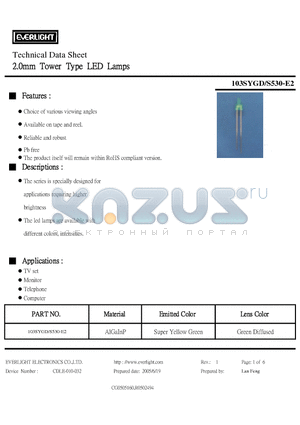 103SYGD datasheet - 2.0mm Tower Type LED Lamps