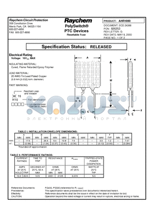 AHR1000 datasheet - PolySwitch^PTC Devices Resettable Fuse