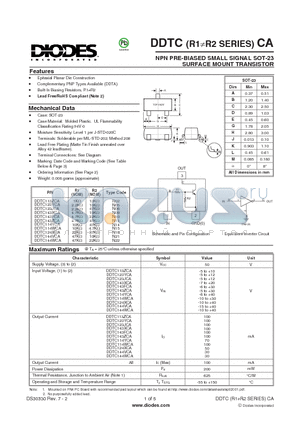 DDTC123YCA datasheet - NPN PRE-BIASED SMALL SIGNAL SOT-23 SURFACE MOUNT TRANSISTOR