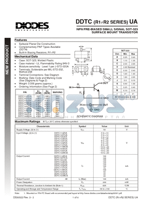 DDTC123YUA datasheet - NPN PRE-BIASED SMALL SIGNAL SOT-323 DUAL SURFACE MOUNT TRANSISTOR