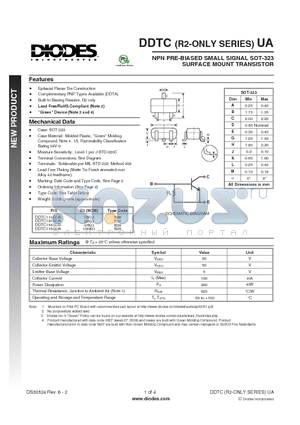 DDTC124GUA-7-F datasheet - NPN PRE-BIASED SMALL SIGNAL SOT-323 SURFACE MOUNT TRANSISTOR