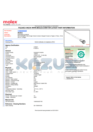 104000A03F150 datasheet - Mini-Change A-Size Single-Ended Cordset, Straight Female to Pigtail, 4 Poles, 15.0m (49.21 ) Length