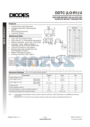 DDTC142TU datasheet - NPN PRE-BIASED 100 mA SOT-323 SURFACE MOUNT TRANSISTOR