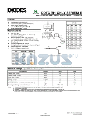 DDTC143TE datasheet - NPN PRE-BIASED SMALL SIGNAL SURFACE MOUNT TRANSISTOR