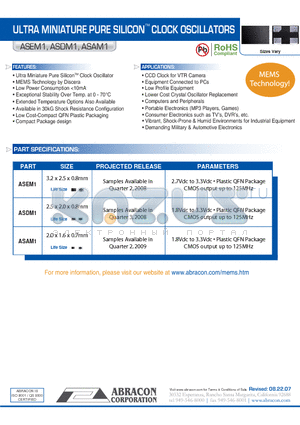 ASAM1 datasheet - ULTRA MINIATURE PURE SILICON CLOCK OSCILLATORS