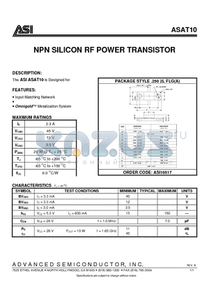 ASAT10 datasheet - NPN SILICON RF POWER TRANSISTOR
