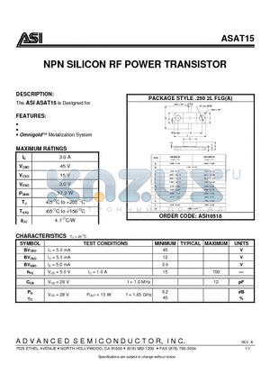 ASAT15 datasheet - NPN SILICON RF POWER TRANSISTOR