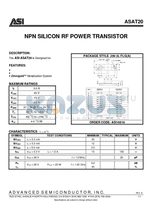 ASAT20 datasheet - NPN SILICON RF POWER TRANSISTOR