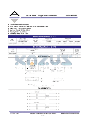 AHSC-1602BS datasheet - 10/100 Base T Single Port Low Profile