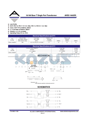 AHSC-1602DS datasheet - 10/100 Base T Single Port Transformer