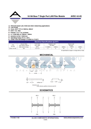 AHSC-1614S datasheet - 10/100 Base T Single Port LAN Filter Module