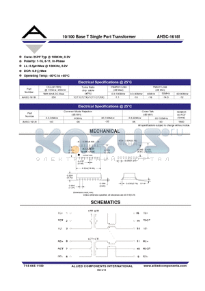 AHSC-1618I datasheet - 10/100 Base T Single Port Transformer