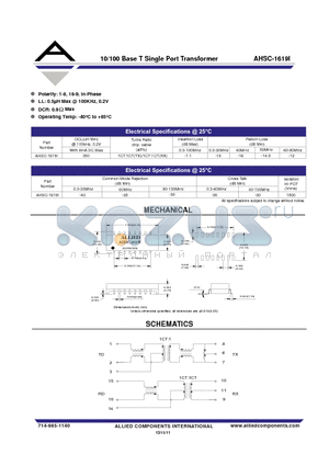 AHSC-1619I datasheet - 10/100 Base T Single Port Transformer