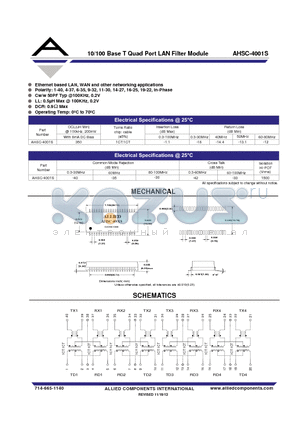 AHSC-4001S datasheet - 10/100 Base T Quad Port LAN Filter Module