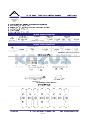 AHSC-4002I datasheet - 10/100 Base T Quad Port LAN Filter Module