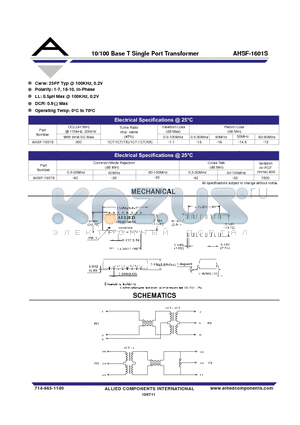 AHSF-1601S datasheet - 10/100 Base T Single Port Transformer