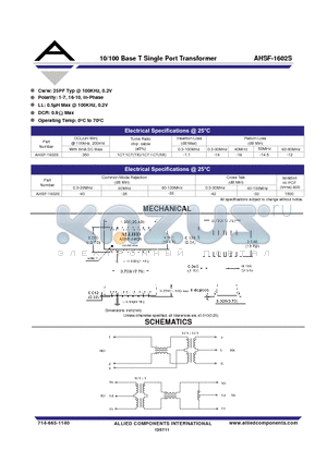 AHSF-1602S datasheet - 10/100 Base T Single Port Transformer