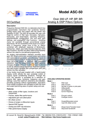 ASC-50 datasheet - Over 200 LP, HP, BP, BR Analog & DSP Filters Options