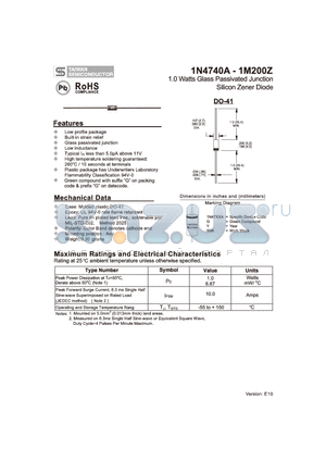 1N4740A_10 datasheet - 1.0 Watts Glass Passivated Junction Silicon Zener Diode