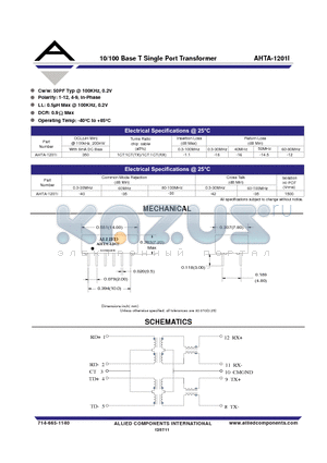 AHTA-1201I datasheet - 10/100 Base T Single Port Transformer