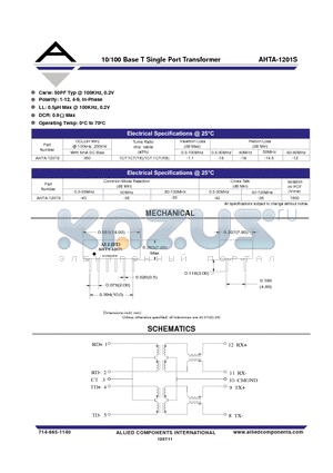 AHTA-1201S datasheet - 10/100 Base T Single Port Transformer