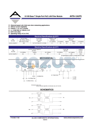 AHTA-1202PS datasheet - 10/100 Base T Single Port PoE LAN Filter Module