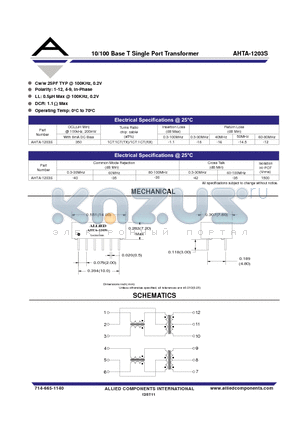 AHTA-1203S datasheet - 10/100 Base T Single Port Transformer