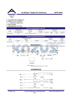 AHTA-1603S datasheet - 10/100 Base T Single Port Transformer