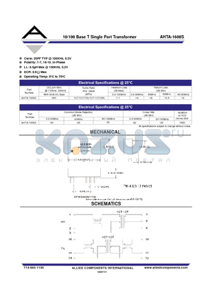 AHTA-1608S datasheet - 10/100 Base T Single Port Transformer