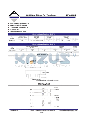 AHTA-1611S datasheet - 10/100 Base T Single Port Transformer