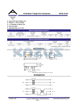 AHTA-1612S datasheet - 10/100 Base T Single Port Transformer
