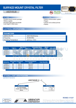 ASCF45UB datasheet - SURFACE MOUNT CRYSTAL FILTER