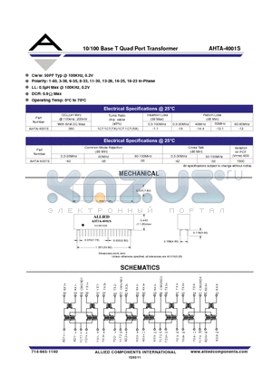 AHTA-4001S datasheet - 10/100 Base T Quad Port Transformer