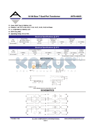AHTA-4005S datasheet - 10/100 Base T Quad Port Transformer