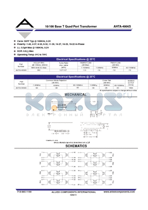 AHTA-4006S datasheet - 10/100 Base T Quad Port Transformer