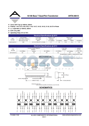 AHTA-5001S datasheet - 10/100 Base T Quad Port Transformer