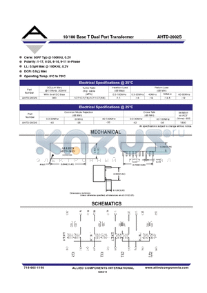 AHTD-2002S datasheet - 10/100 Base T Dual Port Transformer