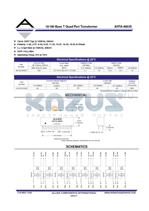 AHTA-4003S datasheet - 10/100 Base T Quad Port Transformer