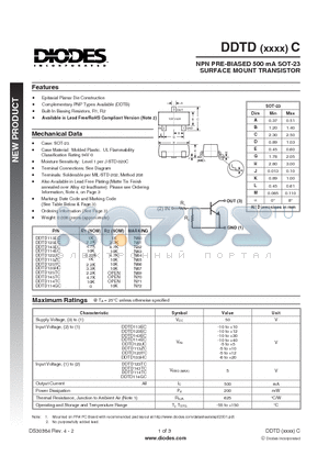 DDTD113ZC-7 datasheet - NPN PRE-BIASED 500 mA SOT-23 SURFACE MOUNT TRANSISTOR