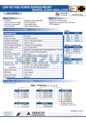 ASD datasheet - LOW VOLTAGE HCMOS SURFACE-MOUNT CRYSTAL CLOCK OSCILLATOR