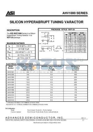 AHV1001 datasheet - SILICON HYPERABRUPT TUNING VARACTOR