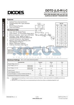 DDTD122LC datasheet - NPN PRE-BIASED 500 mA SOT-23 SURFACE MOUNT TRANSISTOR