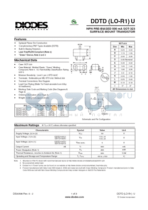 DDTD122LU-7-F datasheet - NPN PRE-BIASED 500 mA SOT-323 SURFACE MOUNT TRANSISTOR