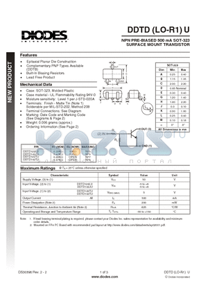 DDTD122TU datasheet - NPN PRE-BIASED 500 mA SOT-323 SURFACE MOUNT TRANSISTOR