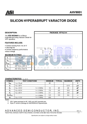 AHV9001 datasheet - SILICON HYPERABRUPT VARACTOR DIODE