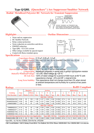 104MACQRL150 datasheet - Arc Suppressor/Snubber Network Radial Metallized Polyester RC Network for Transient Suppression