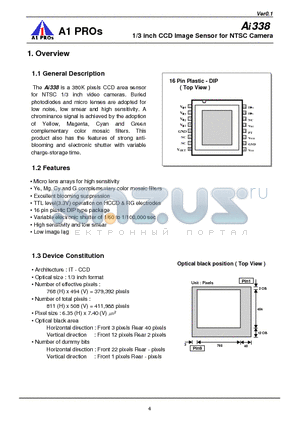 AI338 datasheet - a 380K pixels CCD area sensor for NTSC 1/3 inch video cameras