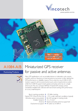 A1084-A/B datasheet - Miniaturized GPS receiver for passive and active antennas