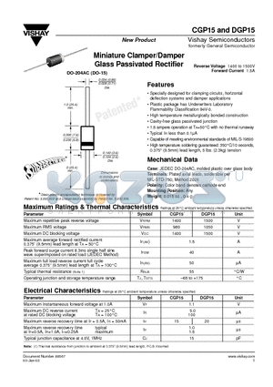 CGP15 datasheet - Miniature Clamper/Damper Glass Passivated Rectifier