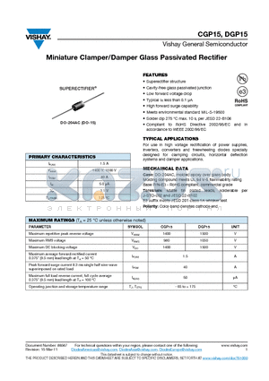 CGP15 datasheet - Miniature Clamper/Damper Glass Passivated Rectifier